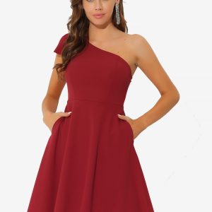 Bow One Shoulder Sleeveless Pockets A-Line Midi Dress Red/XS - Allegra K catalog