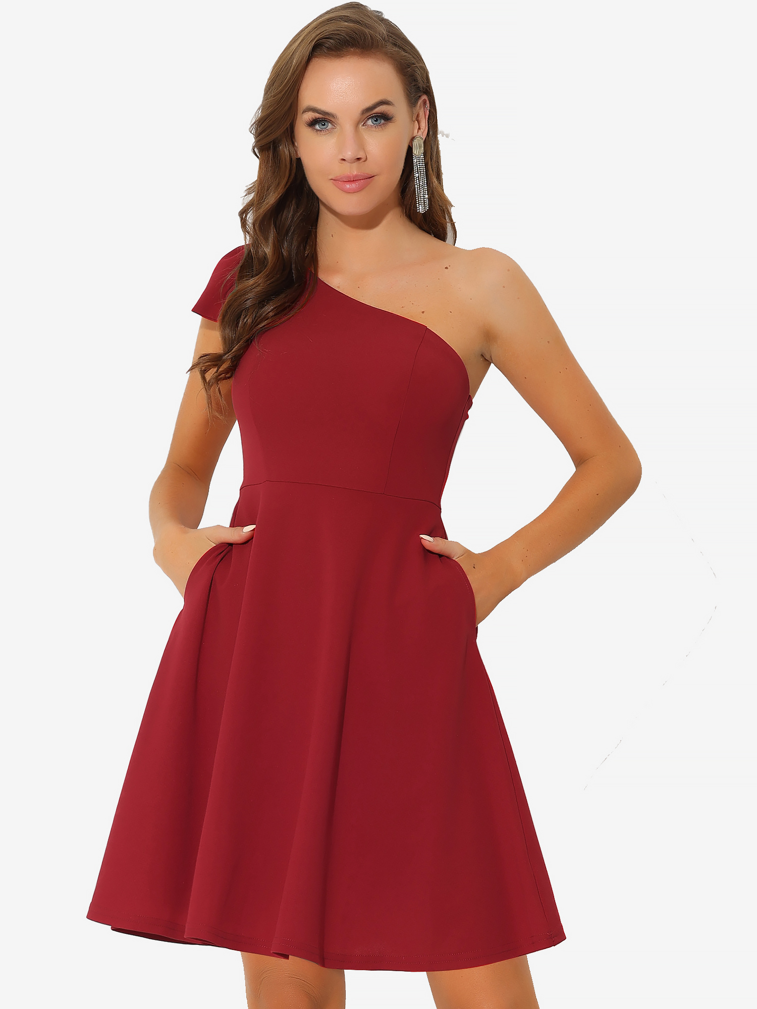 Bow One Shoulder Sleeveless Pockets A-Line Midi Dress Red/XS - Allegra K catalog
