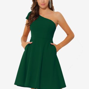 Bow One Shoulder Sleeveless Pockets A-Line Midi Dress Dark Green/XS - Allegra K catalog