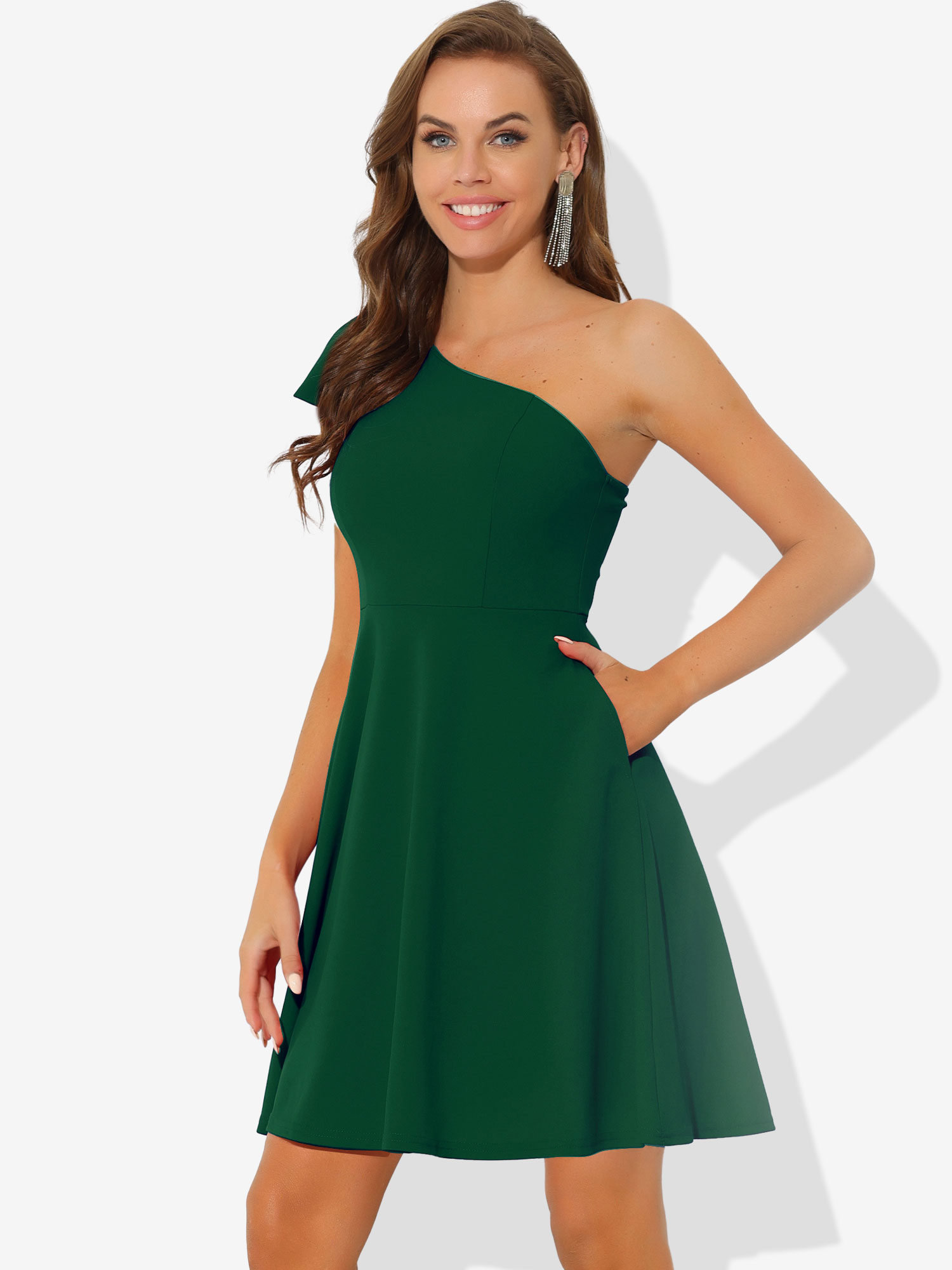 Bow One Shoulder Sleeveless Pockets A-Line Midi Dress Dark Green/M - Allegra K catalog