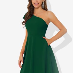 Bow One Shoulder Sleeveless Pockets A-Line Midi Dress Dark Green/L - Allegra K catalog