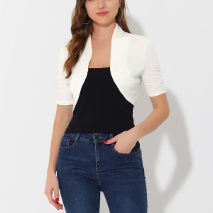 Short Ruched Sleeve Open Front Knit Cropped Bolero Shrugs White/M - Allegra K catalog