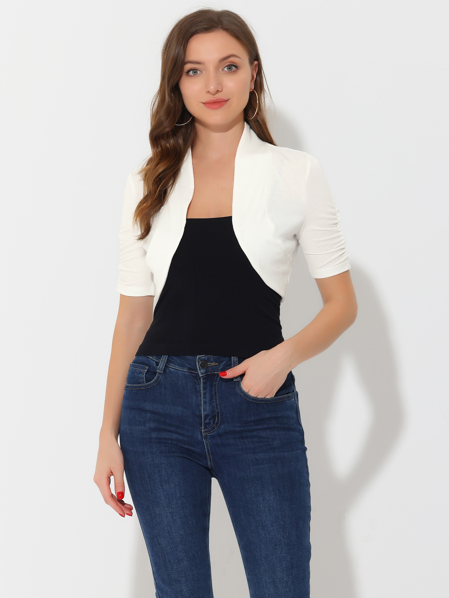 Short Ruched Sleeve Open Front Knit Cropped Bolero Shrugs White/L - Allegra K catalog
