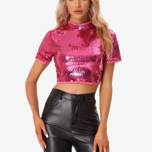 Sequin Sparkle Glitter Short Sleeve Shinning T Shirt Club Blouse Rose Red/L - Allegra K catalog