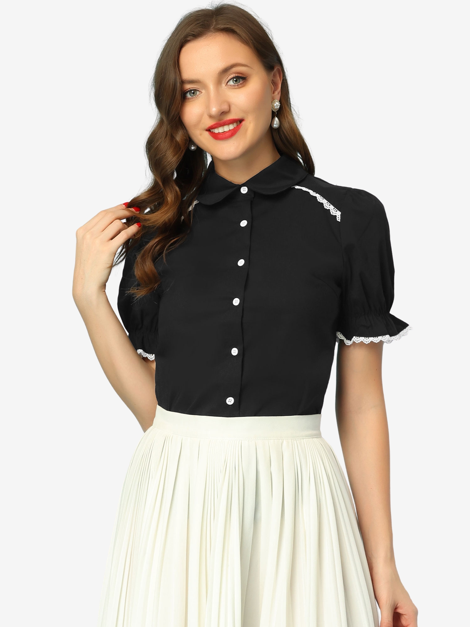 Vintage Peter Pan Collar Blouse Short Sleeve Button Down Shirt Black/M - Allegra K catalog