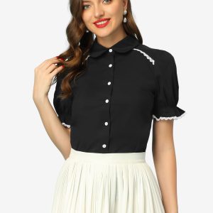 Vintage Peter Pan Collar Blouse Short Sleeve Button Down Shirt Black/L - Allegra K catalog