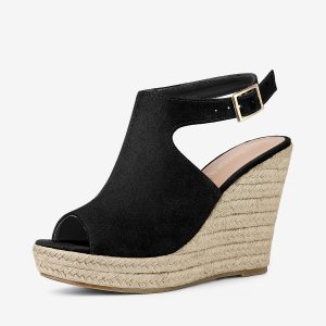 Women's Peep Toe Slingback Platform Espadrilles Wedge Sandals Black/7 - Allegra K catalog