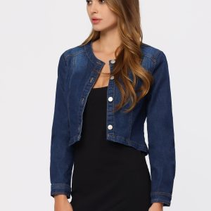 Denim Collarless Long Sleeve Button Down Crop Jean Jacket Dark Blue/L - Allegra K catalog