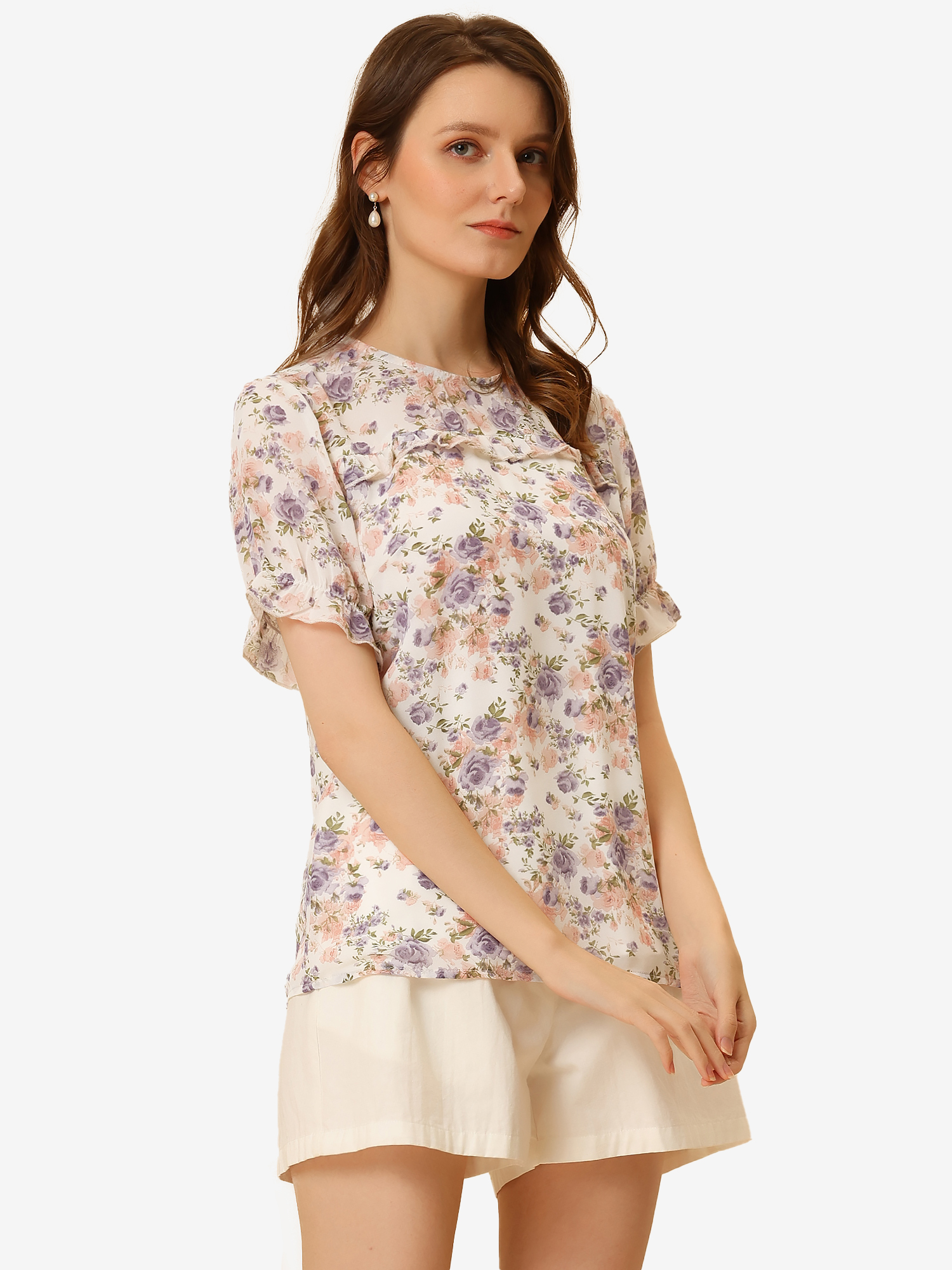 Chiffon Short Sleeve Ruffled Trim Floral Blouse Top Pink Purple/XS - Allegra K catalog