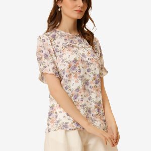 Chiffon Short Sleeve Ruffled Trim Floral Blouse Top Pink Purple/M - Allegra K catalog