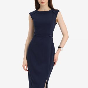 Round Neck Slim Fit Sleeveless Split Work Pencil Sheath Dress Navy Blue/XS - Allegra K catalog