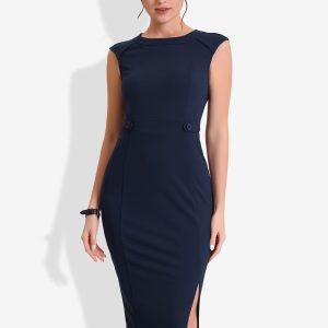 Round Neck Slim Fit Sleeveless Split Work Pencil Sheath Dress Navy Blue/M - Allegra K catalog