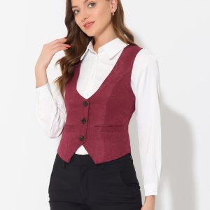 Vintage Button Up Jacquard Steampunk Waistcoat Suit Vest Burgundy/M - Allegra K catalog