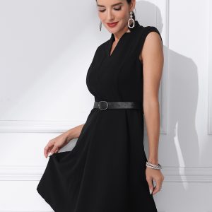 Office V Neck Work Sleeveless A-line Midi Solid Belted Dress Black/L - Allegra K catalog