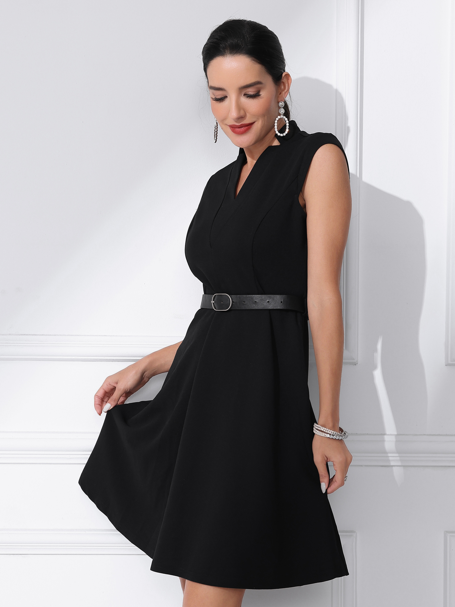 Office V Neck Work Sleeveless A-line Midi Solid Belted Dress Black/XL - Allegra K catalog