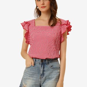Summer Gingham Tops Square Neck Ruffle Cap Sleeve Blouse Red/S - Allegra K catalog