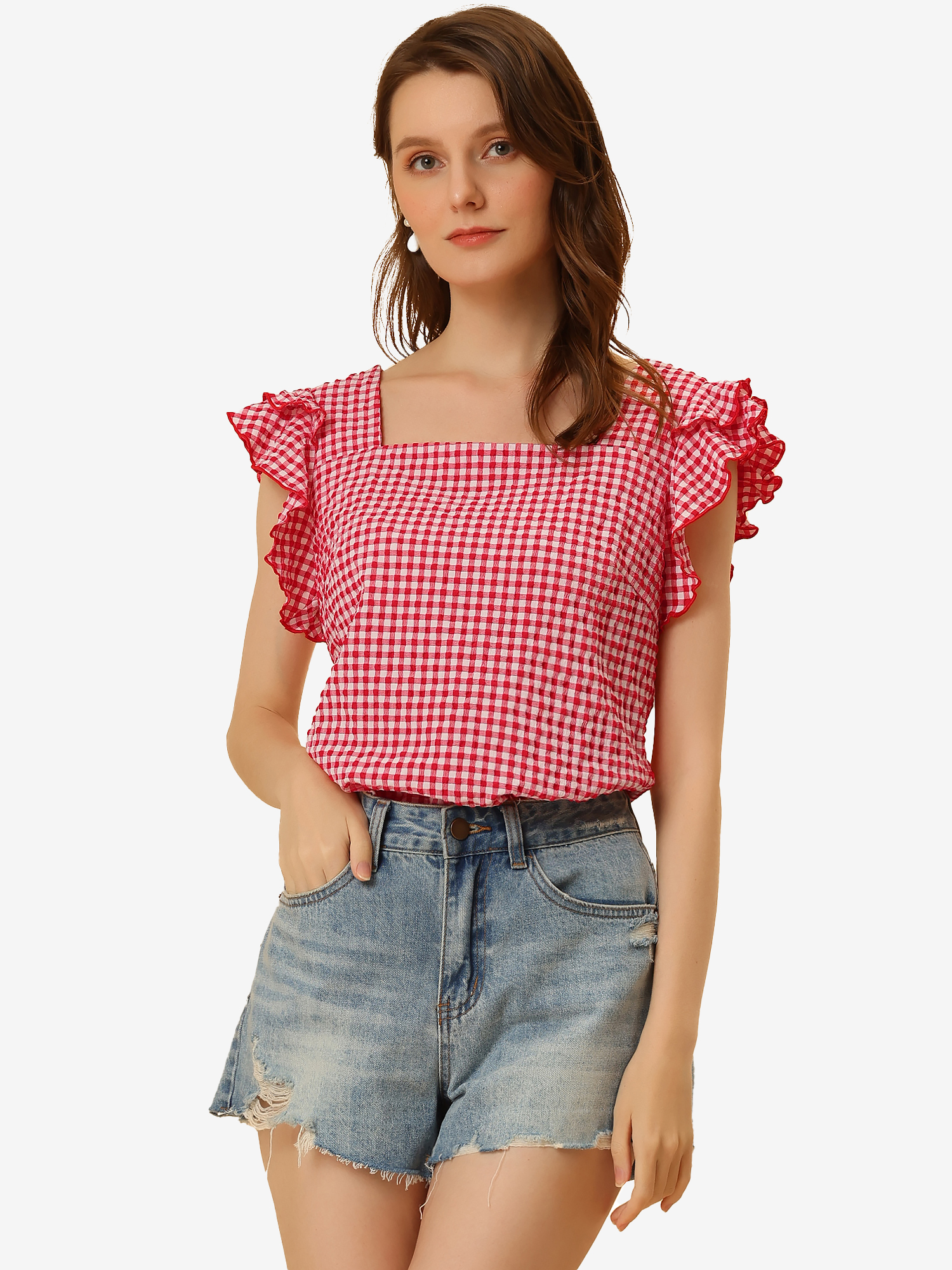 Summer Gingham Tops Square Neck Ruffle Cap Sleeve Blouse Red/L - Allegra K catalog