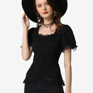 Sweetheart Neck Puff Short Sleeve Lace Up Gothic Blouse Black/M - Allegra K catalog