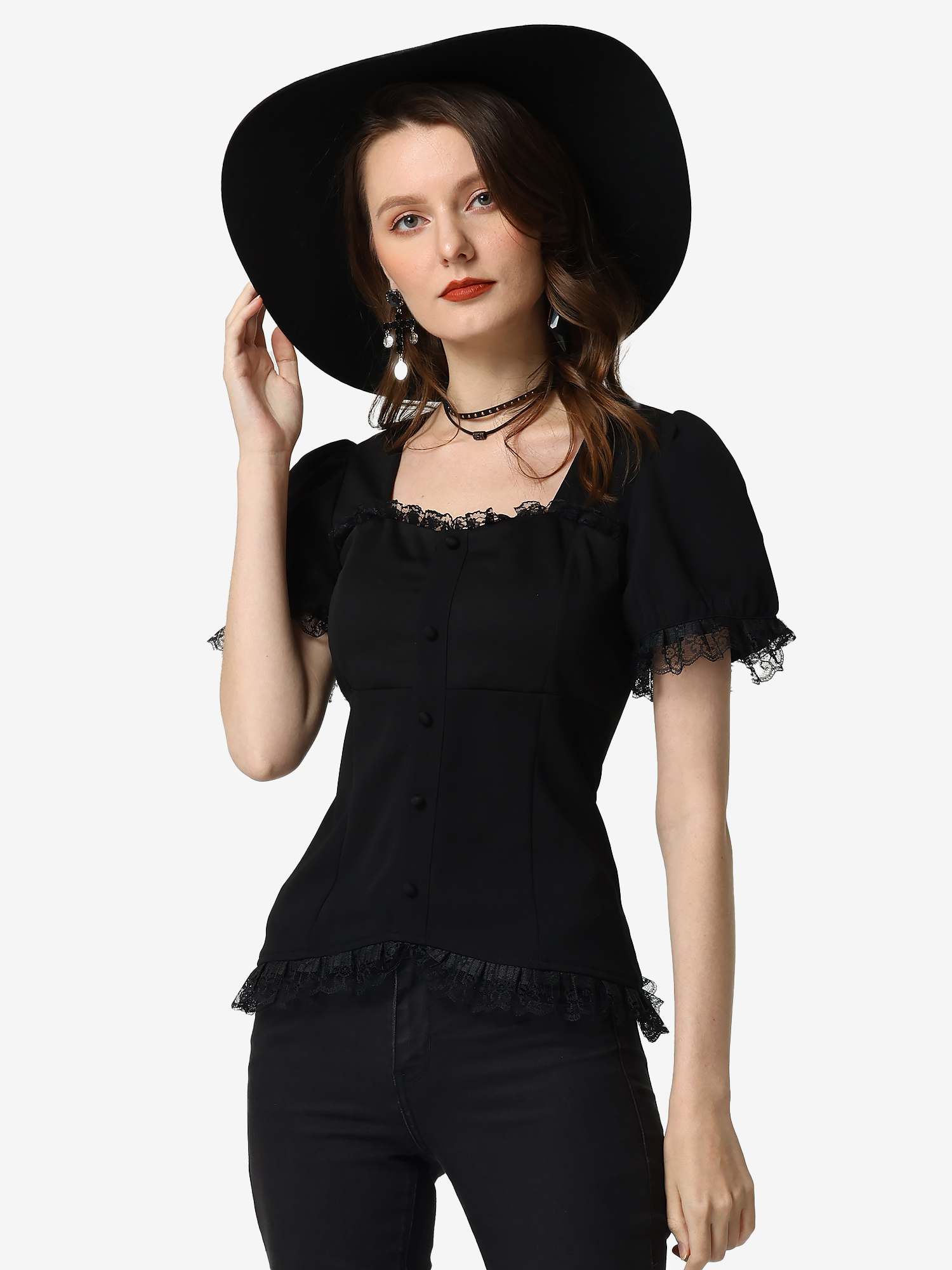 Sweetheart Neck Puff Short Sleeve Lace Up Gothic Blouse Black/XL - Allegra K catalog
