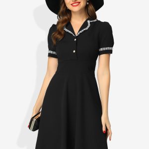 Work Lace Notched Collar Vintage 1950s Short Sleeve Midi Shirt Dress Black/L - Allegra K catalog