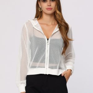 Zip Up Long Sleeve Mesh Sheer Hoodie Bomber Jackets White/S - Allegra K catalog