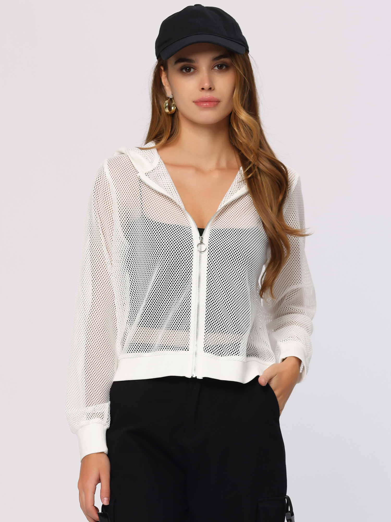 Zip Up Long Sleeve Mesh Sheer Hoodie Bomber Jackets White/S - Allegra K catalog
