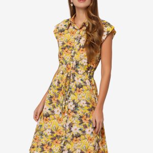 Summer Chiffon Floral Cap Sleeve Drawstring Waist Shirt Dress Yellow/S - Allegra K catalog