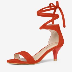 Faux Suede Open Toe Kitten Heel Lace Up Sandals Orange/7.5 - Allegra K catalog