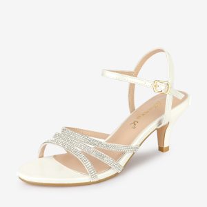 Ankle Strap Rhinestone Round Toe Kitten Heel Sandals White/6 - Allegra K catalog