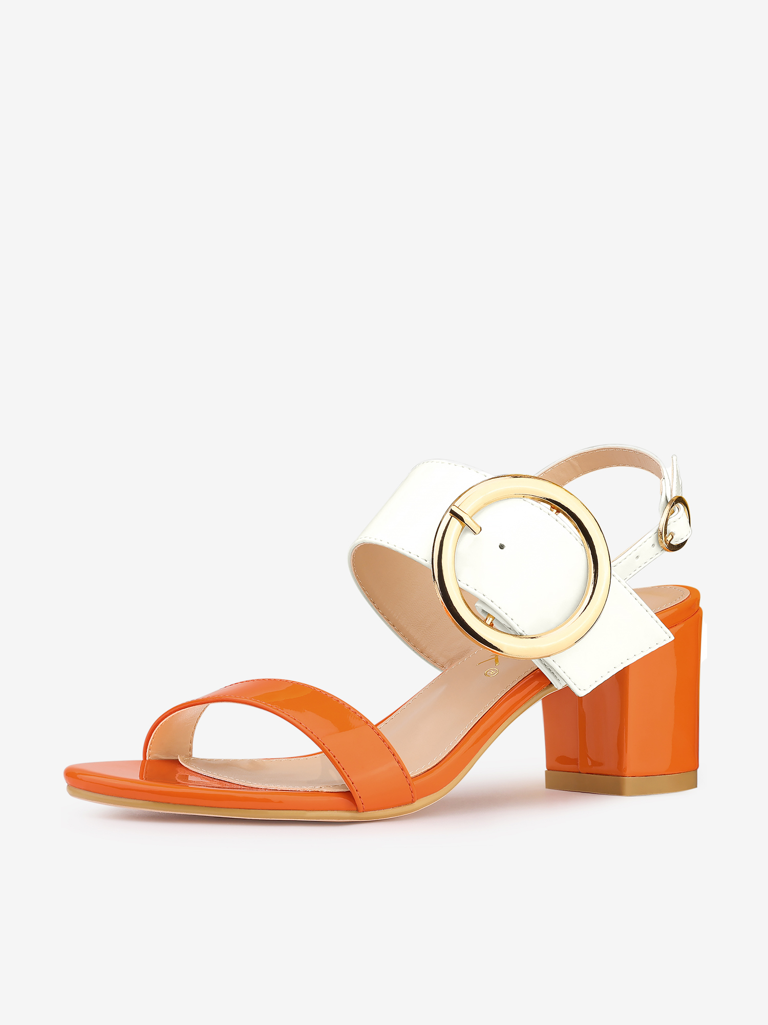 Dual Straps Buckle Decor Slingback Block High Heel Sandals Orange White/5 - Allegra K catalog