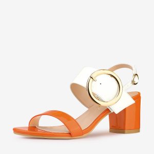 Dual Straps Buckle Decor Slingback Block High Heel Sandals Orange White/5.5 - Allegra K catalog