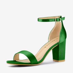 Satin Open Toe Ankle Strap Chunky Heel Sandals Green/7 - Allegra K catalog