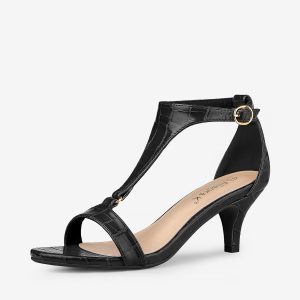 Women's T-Strap Croc Embossed Kitten Heel Sandals Black/7 - Allegra K catalog