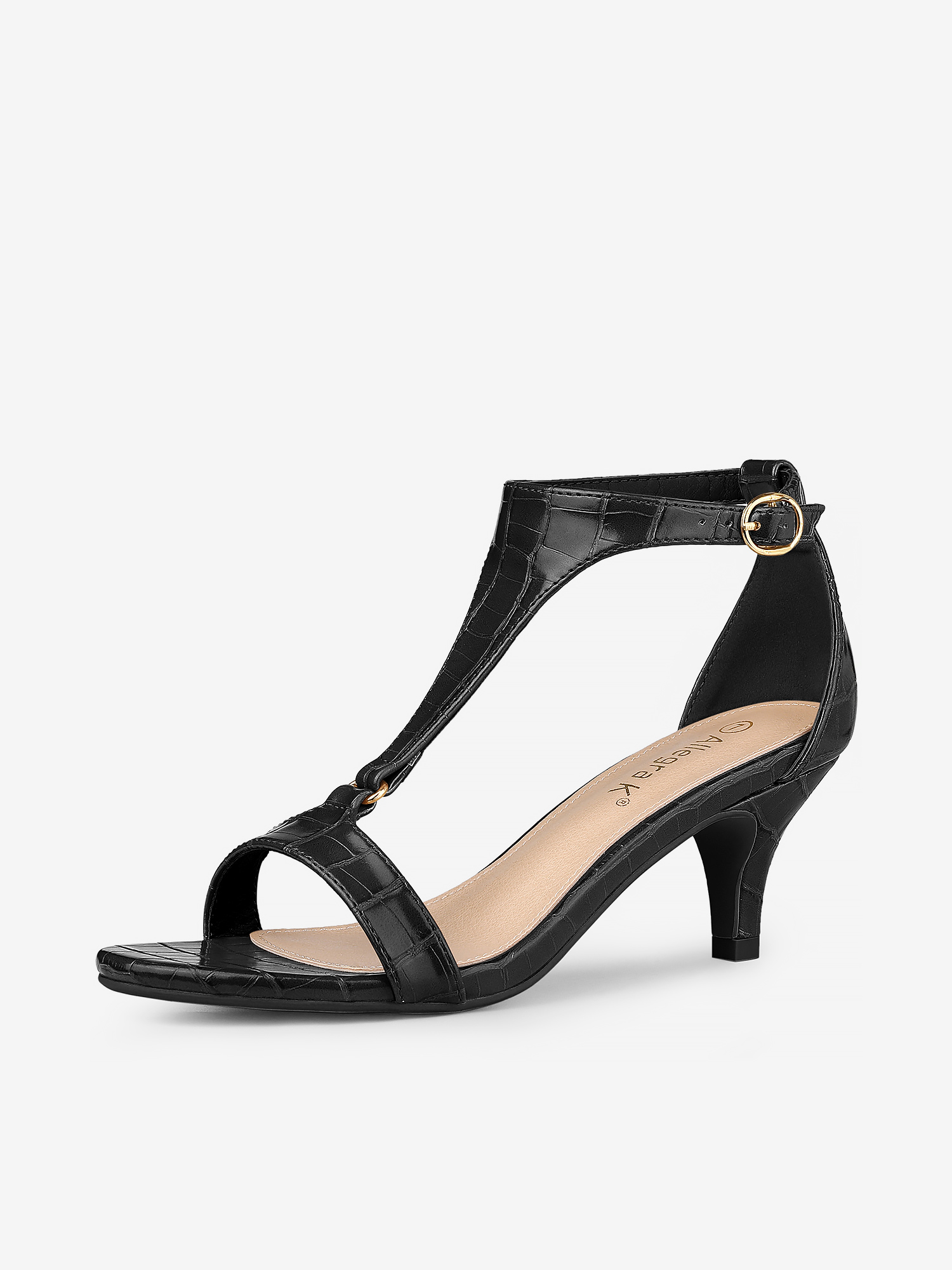 Women's T-Strap Croc Embossed Kitten Heel Sandals Black/9 - Allegra K catalog