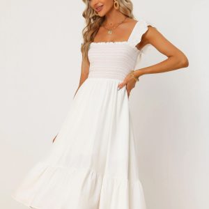 Boho Square Neck Ruffle Tiered Flowy Smocked Midi Dress Sundress White/XL - Allegra K catalog