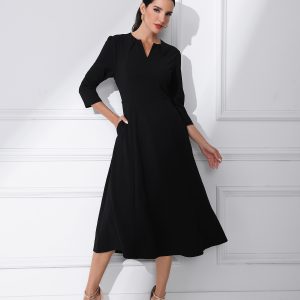 Notch Neck Pocketed 3/4 Sleeve Solid A-Line Work Dress Black/XL - Allegra K catalog