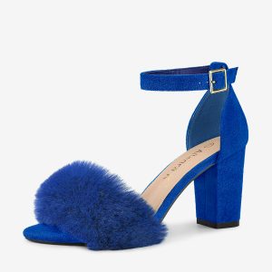 Faux Fur Ankle Strap Block Heel Sandals Deep Blue/11 - Allegra K catalog