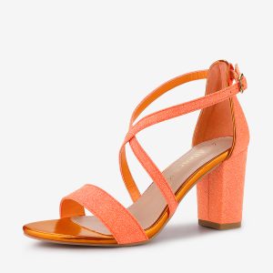Glitter Crisscross Strap Block Heel Sandals Orange/7 - Allegra K catalog
