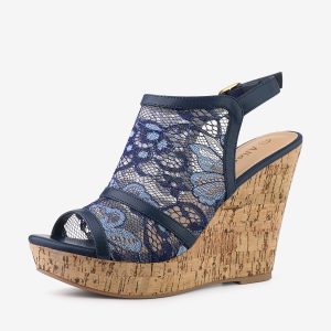 Open Toe Platform Heel Lace Wedge Slingback Sandals Deep Blue/8 - Allegra K catalog
