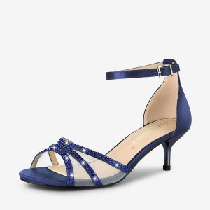 Satin Rhinestone Mesh Kitten Heel Ankle Strap Sandals Dark Blue/9 - Allegra K catalog