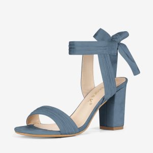 Open Toe Ankle Tie Back Faux Suede Chunky Heel Sandals Haze Blue/7 - Allegra K catalog