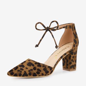 Tapered Straps Ankle Tie Point Toe Chunky Heel Pumps Leopard/7.5 - Allegra K catalog