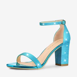 Glitter Ankle Strap Chunky Heel Sandals Blue/8 - Allegra K catalog