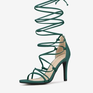Strappy Straps Lace Up Stiletto Heel Sandals Dark Green/6 - Allegra K catalog