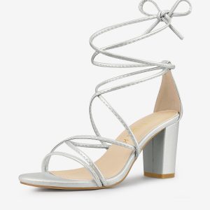 Strappy Strap Lace Up Mid Chunky Heel Sandals Silver/7.5 - Allegra K catalog