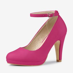 Round Toe Stiletto Heel Ankle Strap PU Leather Pumps Hot Pink/6.5 - Allegra K catalog