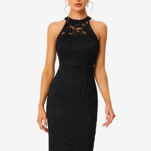 Lace Halter Elegant Sleeveless Bodycon Wedding Cocktail Sheath Dress Black/XS - Allegra K catalog
