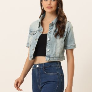 Casual Lapel Short Sleeve Crop Top Jean Denim Jacket Grey Blue/XL - Allegra K catalog