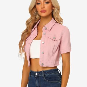 Casual Lapel Short Sleeve Crop Top Jean Denim Jacket Pink/S - Allegra K catalog
