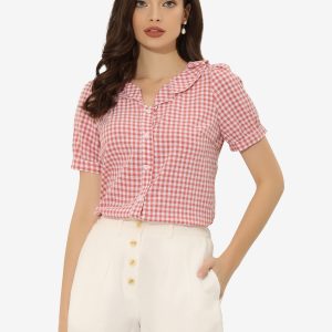 Plaid Blouse Puff Sleeve Ruffle Peter Pan Collar Shirt Top Pink/L - Allegra K catalog